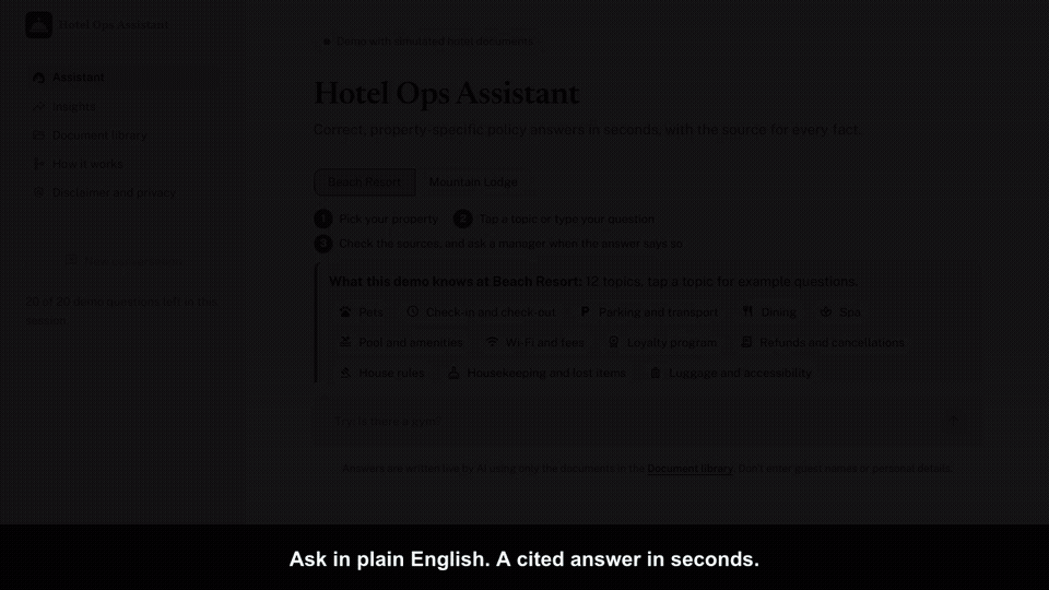 The live Hotel Operations Knowledge Assistant: a front-desk agent clicks a suggested question about dogs at Beach Resort and a cited answer streams in